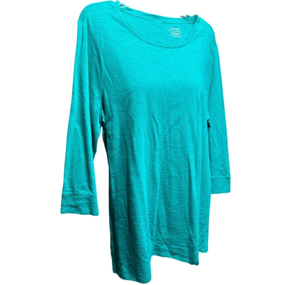 Chicos The Ultimate Tee Teal Green Button Back 3/4 Sleeve Top Size 2 L Large - Picture 2 of 6